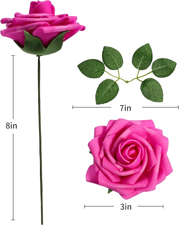 DuHouse 25Pcs Artificial Roses Flowers Fake Roses with Stems Real Touch Foam Flowers for DIY Wedding Bouquet Baby Shower Centerpiece Floral Arrangement Party Home Decor (Hot Pink)