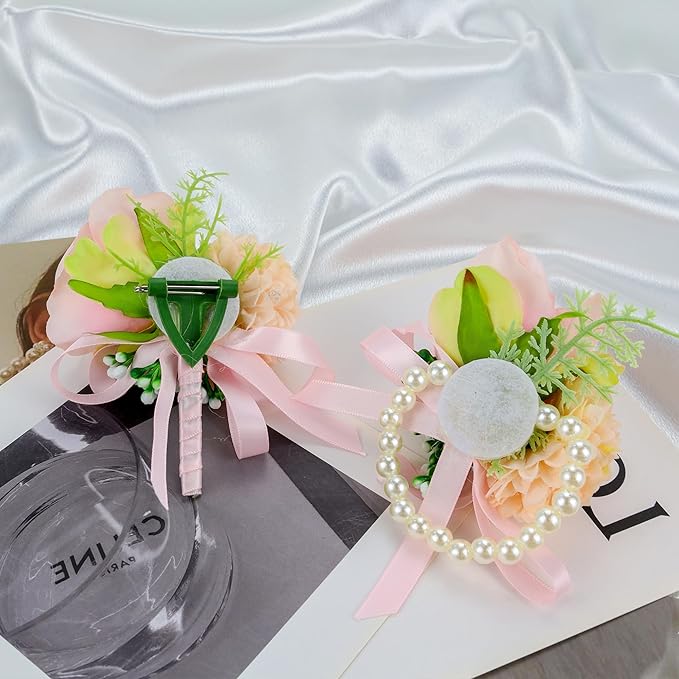 SITUMEIZI 2Pcs Pink Corsage and Boutonniere Set,Corsage Wristlet for Prom Decor,Boutonniere for Men Wedding Flowers Accessories Party Suit Decoration