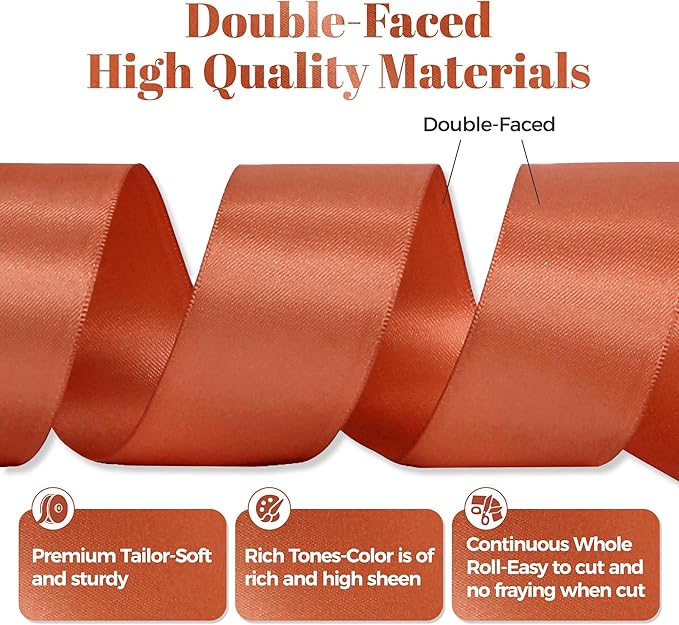 Copper Satin Ribbon, Double Faced 1-1/2 Inch X 25 Yards Copper Ribbon, Premium Satin Ribbon for Gift Wrapping, Crafts, Hair Bow Making, Sewing, Flower Bouquet, Wedding Party Decor