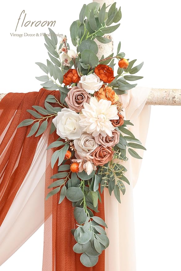 Floroom Arch Flowers with Drapes Kit (Pack of 4) - 2pcs Artificial Terracotta & Cream Floral Swag Arrangement with 2pcs Draping Fabric for Wedding Ceremony Arbor and Reception Backdrop Decoration