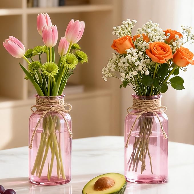 Vintage Glass Flower Vase，3 Pack Farmhouse Pink Glass Centerpiece Vases Mason Jars for Weddings, Parties & Home Decor Bulk (3, Pink)