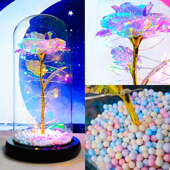 QUELIEN Christmas Rose Flower Gifts for her,Artificial Flower Lasts in A Glass Dome, Unique Gifts is for Mothers Day,Christmas,Anniversary(Color)