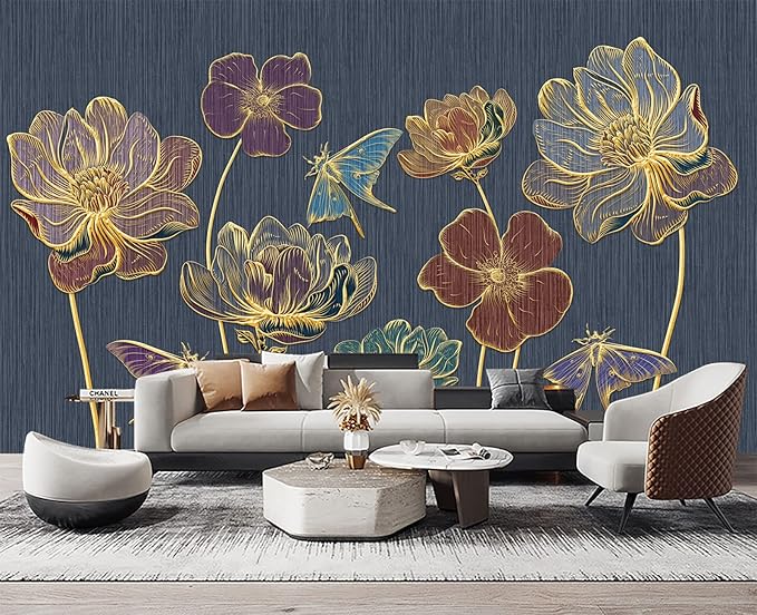 Embossed Golden Flower 3D Wall Mural Wallpaper for Bedroom 103" x 69"