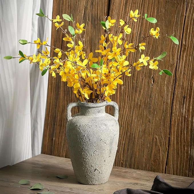 Rustic Vase for Flowers, Ceramic Vase with Handles, 8.85 inch Tall Vintage Farmhouse Christmas Terracotta Flower Vase for Home Decor, Wide Mouth, Living Room Shelf Decor, Enterway, Table