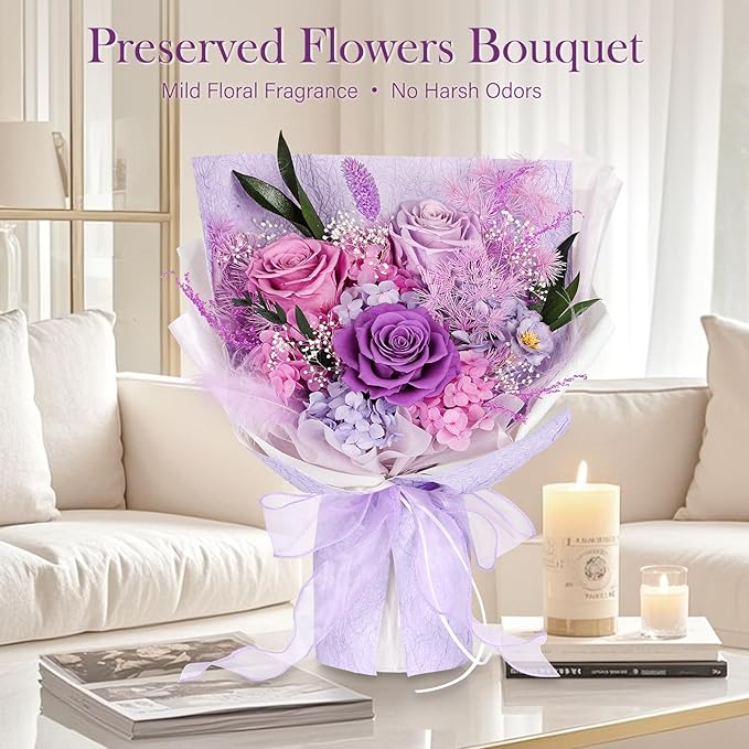 Preserved Bouquet of Flowers - 3 Roses & Flowers for Delivery, Long-Lasting Real Lavender Forever Flowers, Eternal Roses Bouquet for Mothers, Mom, Wife Anniversary Birthday Gifts for Women