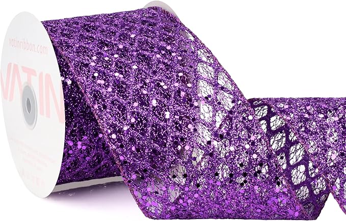 VATIN 4" Purple Christmas Ribbon, Purple Glitter Mesh Diamond Web Sequin Dots Wired Christmas Ribbon for Gift Wrapping Bow Making Wreath Supply-10 Yards