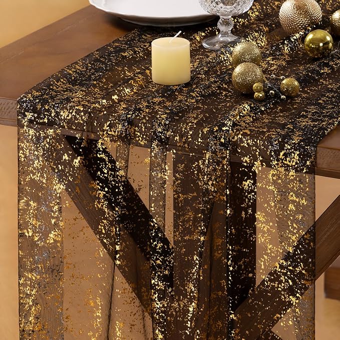 Socomi Gold Black Table Runner Christmas Gauze Sheer Chiffon Cheesecloth Sequin 10FT Glitter Metallic Foil Dining Wedding Birthday Party Fall Winter Anniversary Holiday Centerpiece Table Decor Black