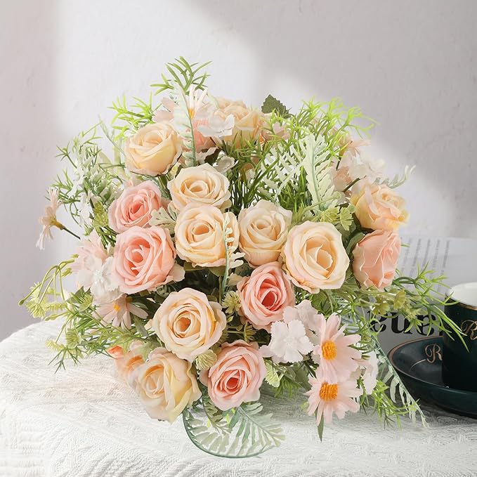 3 Pcs Artificial Rose Flowers Fake Rose Silk Bouquet Plastic Flower Arrangements Wedding Decoration Faux Floral Table Centerpieces Home Decorations(Pink)