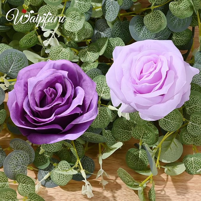 Waipfaru Flower Garland, 6.07Ft Eucalyptus Garland with Flowers, Silk Rose Floral Vines for Wedding Reception Table Mantle Decor (Purple)