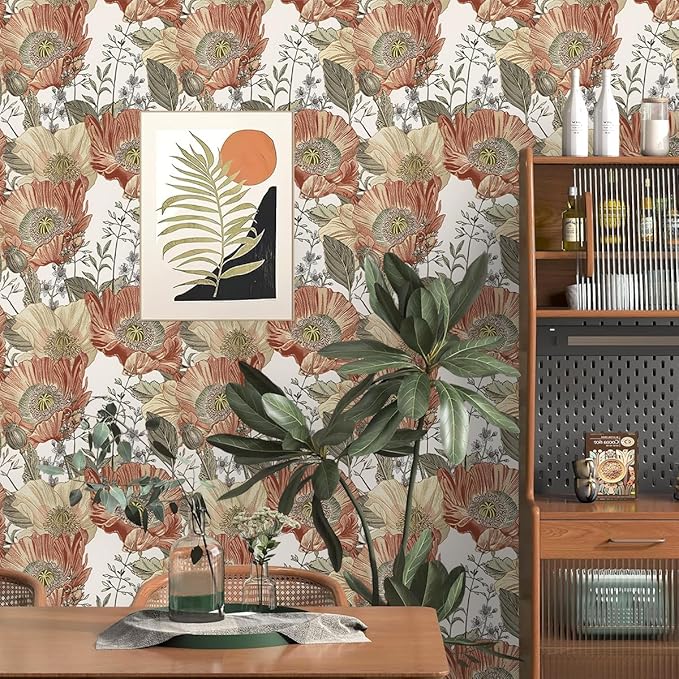 Livebor Floral Wallpaper Peel and Stick Boho Large Floral Peel and Stick Wallpaper Vintage Multicolor Flower Contact Paper 17.7'' x 118.1'' Self Adhesive Wall Paper for Bathroom Wall Covering Decor