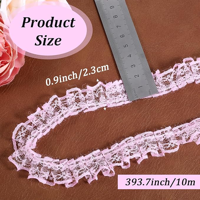 10 Yards Pleated Organza Pink Lace Edge Gathered Mesh Trim Ribbon 0.9 Inches Vintage Edging Trimmings Fabric Laces Trim Sewing Crafts Lace for Gift Wrapping Dress Decoration Wedding Bouquet