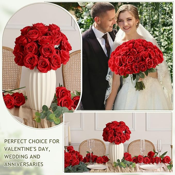 Kisflower 80 Pcs Red Roses Artificial Flowers Bulk, Silk Roses with Stems Real Look Artificial Red Roses for Decoration DIY Wedding Bouquet Bridal Shower Party Home Table Centerpieces Decor (Red)
