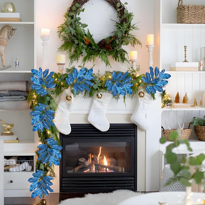 31" Royal Blue Christmas Glitter Leaves Tree Picks and Sprays, 3PCS Artificial Glitter Magnolia Stems for Christmas Tree DIY Garland Wreath Centerpiece Vase Wedding Winter Holiday