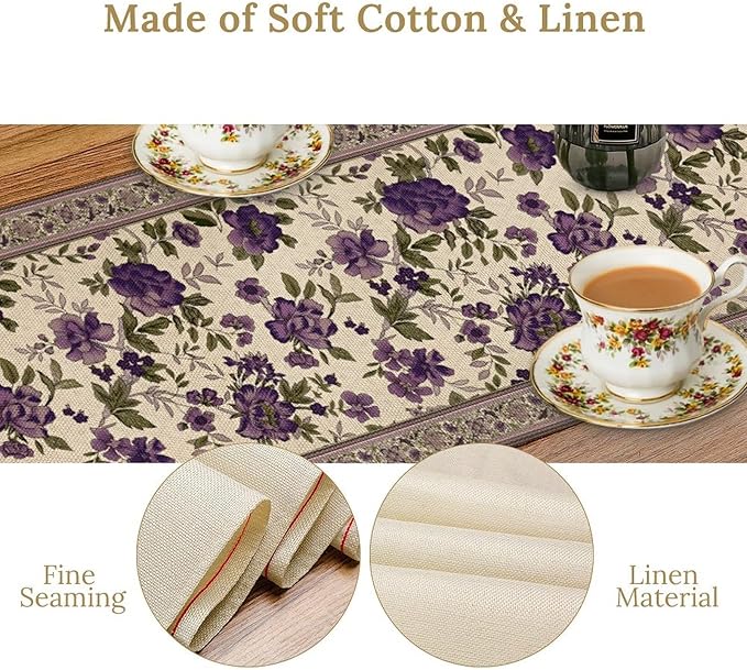 Vintage Floral Table Runner, Elegant Purple Flowers Retro Design Table Runner for Kitchen Dining Holiday Party Decoration, 13x70 Inch