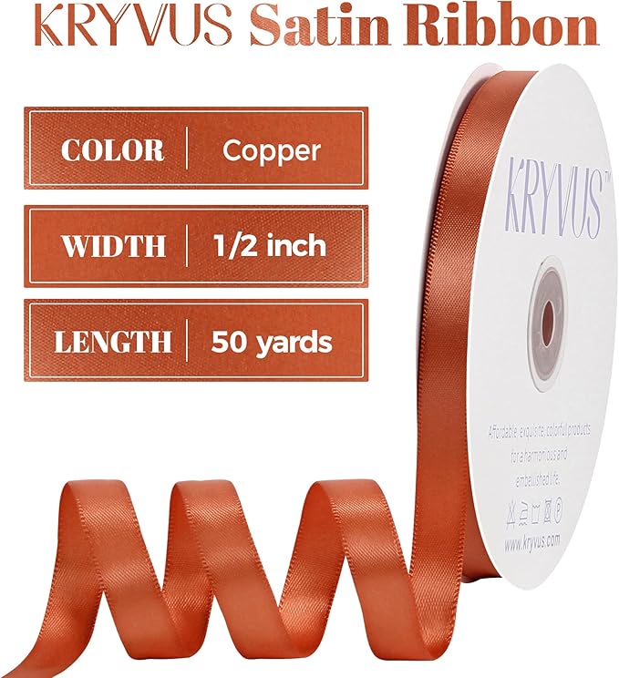 Copper Satin Ribbon, Double Faced 1/2 Inch X 50 Yards Copper Ribbon, Premium Satin Ribbon for Gift Wrapping, Crafts, Hair Bow Making, Sewing, Flower Bouquet, Wedding Party Decor