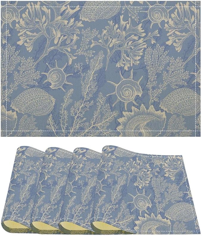 Nautical Themed Placemats Beach Coastal Coral Starfish Shell Art Printed Dining Table Mats Set of 4 for Restaurant Home Kitchen Holiday Picnic Party Decor 12x18in