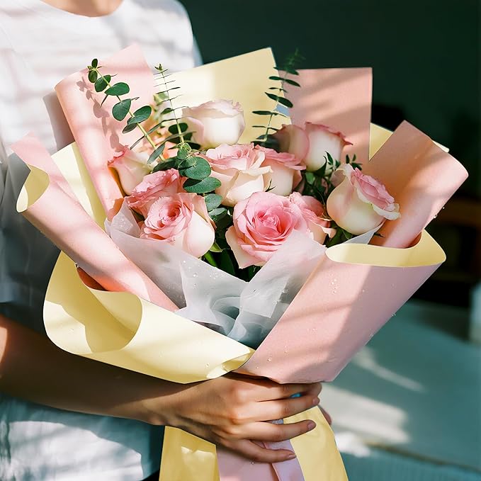 WRAPAHOLIC 20 Sheets Flower Wrapping Paper - 22.4 x 22.4 inch Cream Yellow Color Water-Resistant Floral Bouquet Wrapping Paper, Florist Supplies Packaging for Wedding Birthday Gift DIY