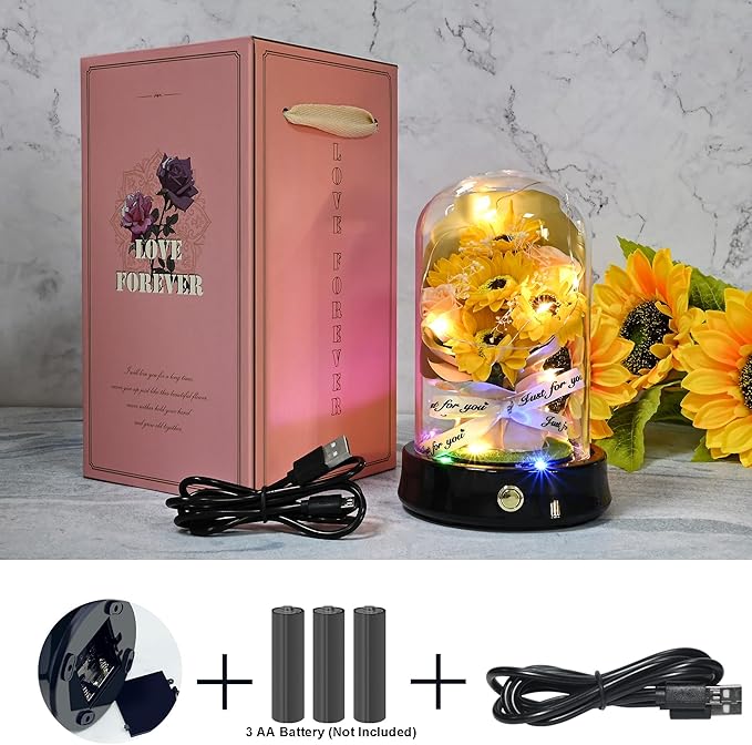 QUELIEN Sunflower Lamp for Nightstand Decor - Glass Dome with Artificial Sunflowers, Warm Light Home Decor for Bedroom/Office, Unique Mother's Day/Xmas/Wedding Gifts for Women
