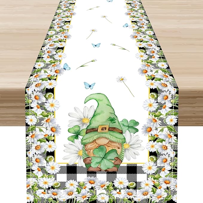 Daisy Gnome Table Runner, Butterfly Truck Buffalo Plaid Yellow Summer Farmhouse Decor for Family Kitchen Farmhouse Holiday Party Table Decorations Indoor Outdoor 13x72 inch