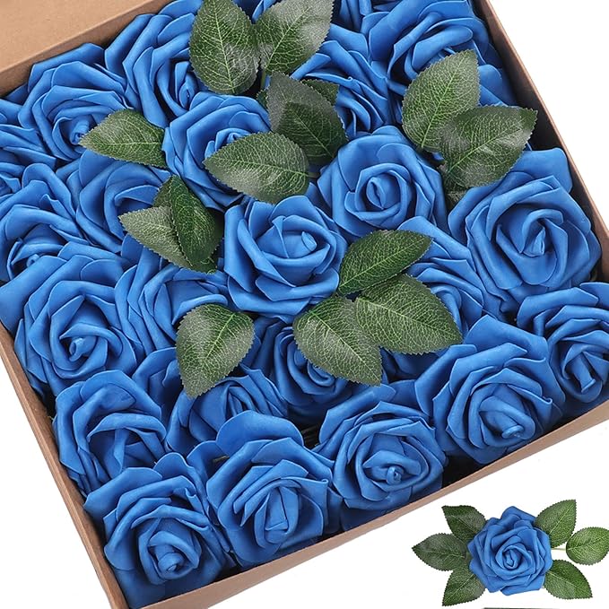 Artificial Flowers Roses 25pcs Blue Roses Wedding Decoration Real Looking Fake Roses w/Stem for DIY Wedding Bouquets Centerpieces Arrangements Party Baby Showers Home Decorations (Royal Blue, 25 pcs)