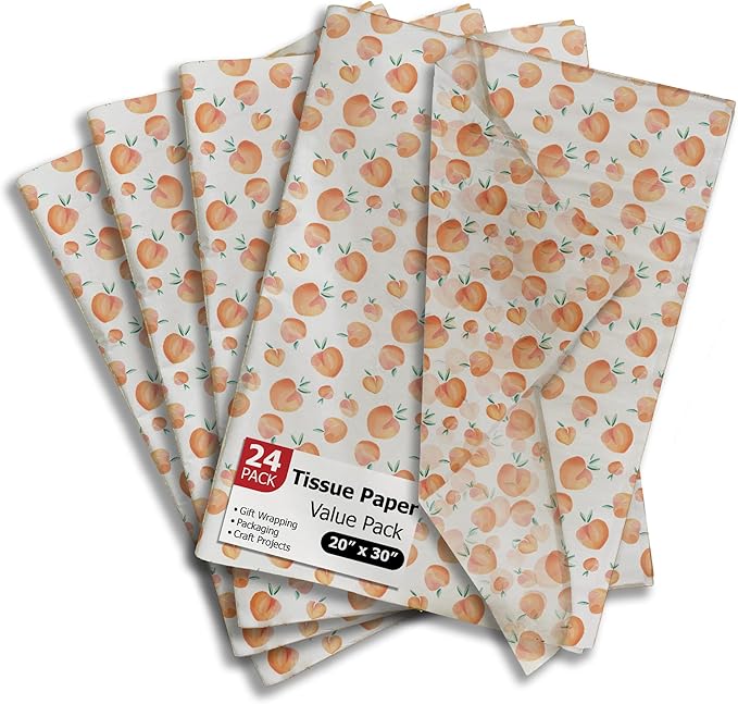 Pro Supply Global Peaches Printed Tissue Paper for Gift Bags or Boxes and Wrapping - Summer Bulk Decorative Art Tissue Paper for Packaging and Gifting | 24 Sheets 20" x 30"
