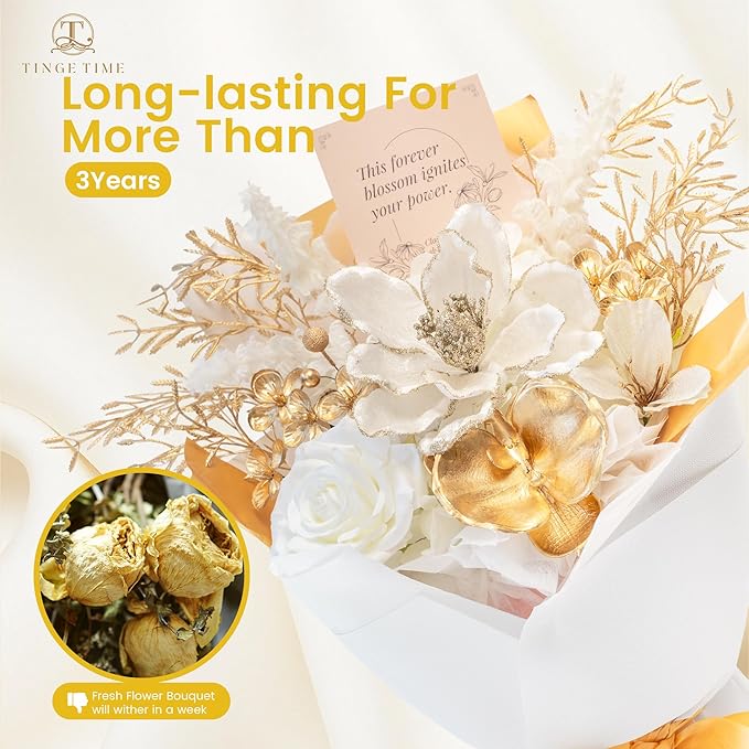 TINGE TIME White Gold Artificial Flowers Bouquet, Platinum Gift Bouquet for Women, Eternal Fake Flower Gift for Christmas Anniversary Birthday Home Décor (White & Gold)