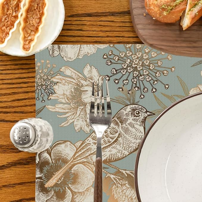 Placemats Set of 4 Retro Peony Bird and Butterfly Table Mats Linen Place Mats for Dining Kitchen Country Camp Farmhouse Decor 12x18 Inch
