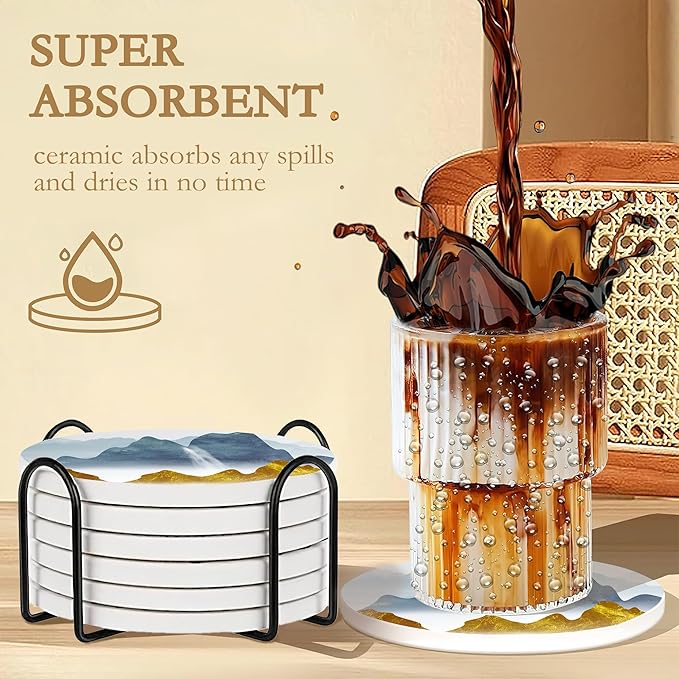 6 Pcs Mountain Landscape Absorbent Ceramic & Cork Base Coasters, Cute Funny Table Drinks Coasters, 4 Inch Round