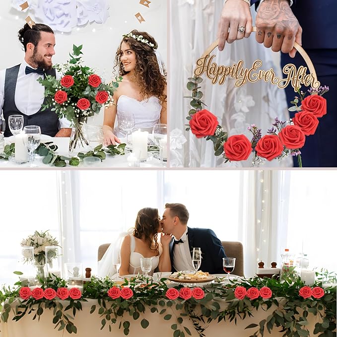 Artificial Flowers Red Roses Real Looking Foam Fake Roses 50PCS with Leaves and for DIY Wedding Bouquets Bridal Shower Centerpieces Party Decorations (Red)