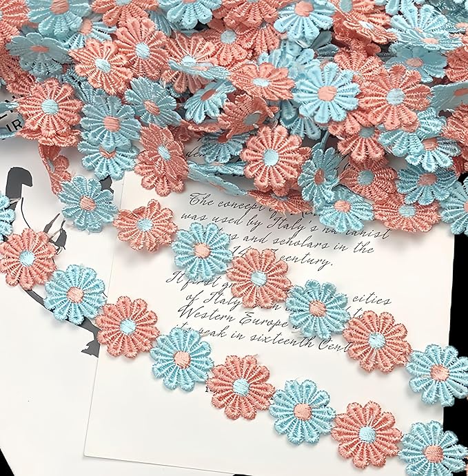 15 Yards Daisy Flower Lace Trim Embroidered Floral Lace Sewing Trim Ribbons for Embellishment Craft Dress Hair Accessories Decorations(Pink/Blue)