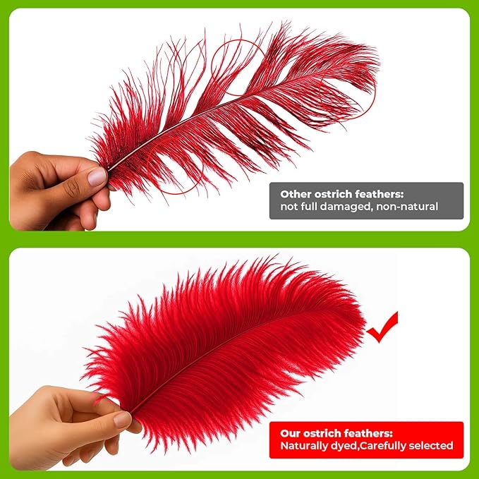 Piokio 10 pcs Natural Red Ostrich Feathers 14-16 inch(35-40 cm) Bulk for Wedding Party Decoration Gatsby Decorations