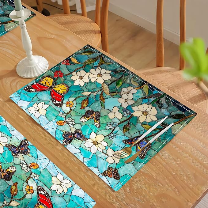 Butterfly Teal Placemats Set of 4, Colorful Stained Glass Place Mats, Rustic Flowers Dining Table Mats, Washable Placemats for Kitchen Dining Room Home Decor 18L'' × 12W''
