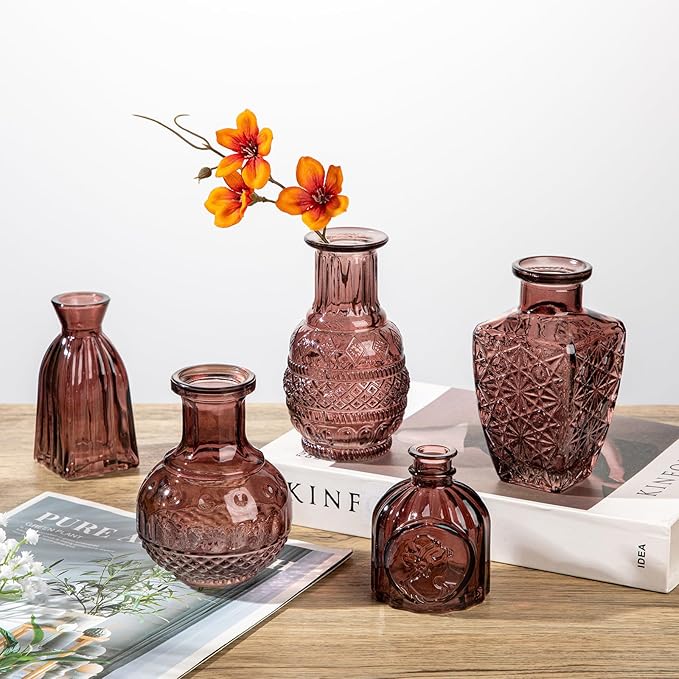 Glass Bud Vases Set of 10, Small Flower Vase in Bulk for Centerpieces, Mini Vintage Wine Red Vases for Rustic Wedding Vintage Home Table Decor