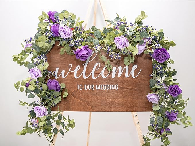 6FT Eucalyptus Garland with 10 Purple Roses and Baby Breath Artificial Flower Greenery Garland for Table Centerpiece Party Wedding Decorations Indoor Outdoor Wall Backdrop Decor