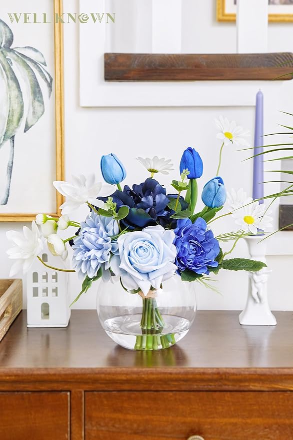 WELL KNOWN Artificial Flowers with Vase Silk Flower Arrangements in Round Bowl Vase with Faux Water for Home Table Decoration (Mixed Blue)