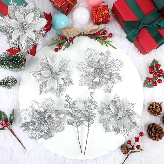 Sawowkuya 22 Pcs Silver Christmas Poinsettia Artificial Flowers and Glitter Berries Stems Kit, Christmas Poinsettias Decorations and Christmas Tree Ornaments for Xmas Home Wedding Holiday Tree Decor