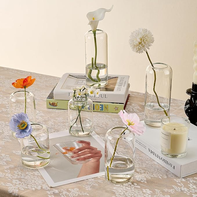 Glass Bud Vases Set of 48 Clear Flower Vase for Centerpieces Shelf, 3.9'' 4.9'' 6.7'' Modern Small Vases for Living Room Bedroom Office Home, Decor for Wedding House Warming Party