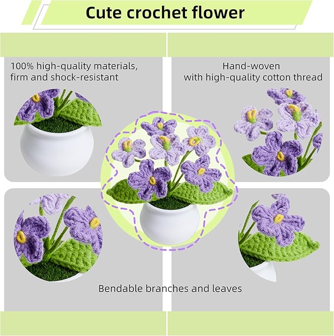 Gradient Purple Crochet Flowers Cute Handmade Knitted Potted Flower Plants for Teacher Women Birthday Anniversary Valentines Decor for Car Home Room Office Desk Accessories