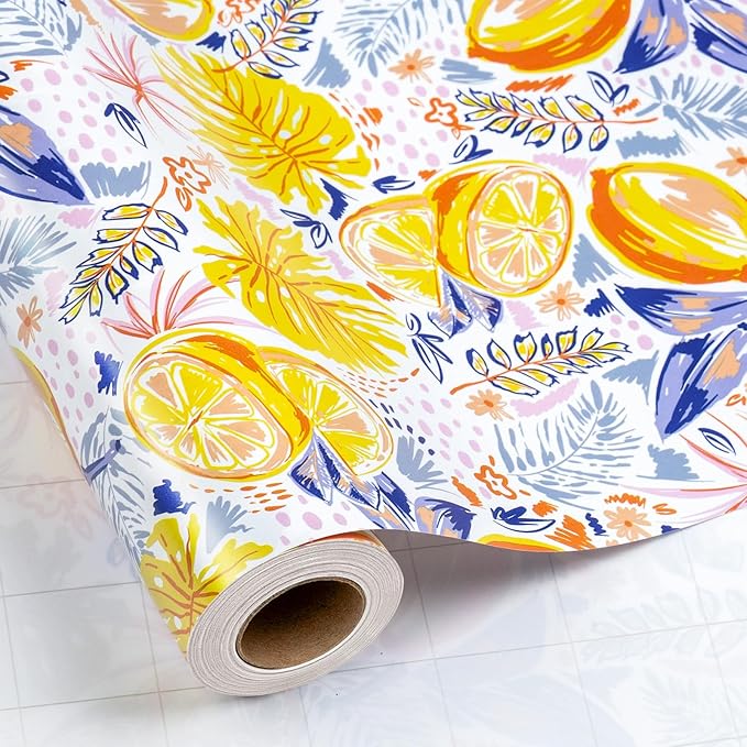 Afucus Gift Wraping Paper, Tropical Fruit Lemon Monstera Leaves, Cute Mini Wrapping Paper Rolls for Birthday Parties, Graduation, Baby Showers, Holidays (17 Inch X 33 Feet)