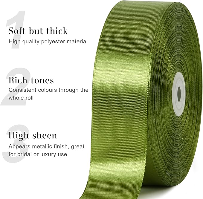 1-1/2 Inches 100 Yards Olive Green Satin Ribbon, Ribbon Roll for Flower Bouquets, Gift Wrapping, Wedding, Handmade Crafts
