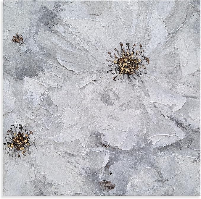 SYGALLERIER White and Gray Flower Blooms Wall Art - Handcrafted Floral Canvas with Gold Foil Embellishments Modern Flower Wall Decor for Livingroom Bedroom Bathroom 40X40