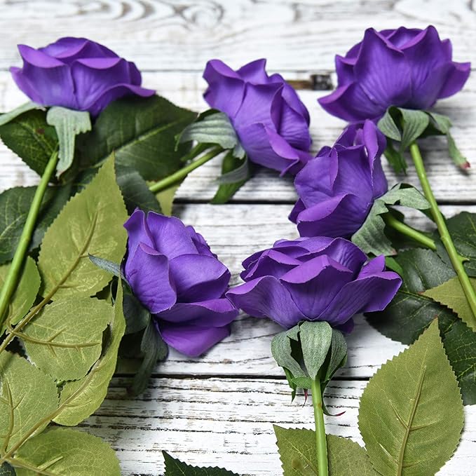 FiveSeasonStuff 12 Stems Artificial Flowers Real Touch Silk Roses for Wedding Decoration Bridal Bouquets Table Centerpieces Party Shower, Packed in Box (Imperial Purple) perial Purple