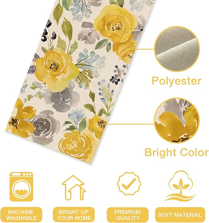 Seliem Spring Yellow Floral Flowers Table Runner, Rose Peony Watercolor Kitchen Dining Table Decor, Seasonal Summer Burlap Home Decoration Indoor Outdoor Party Supply 13 x 36 Inches