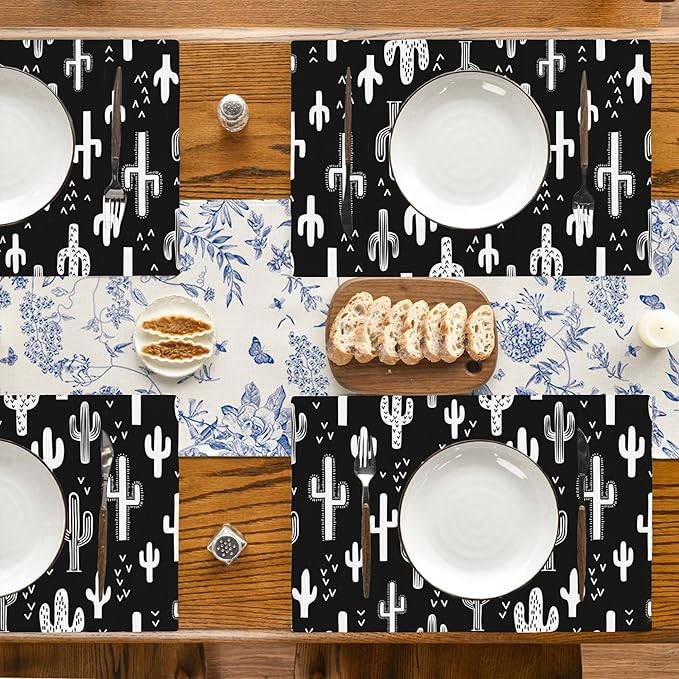 Retro Cactus Placemats Set of 4,Black and White Placemats Dining Table Mat Set,12x18 Washable Stain Resistant Wipeable Cloth Placemat for Kitchen Buffet Parties