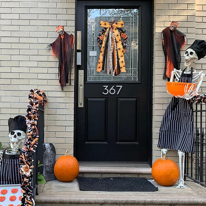 Large Halloween Ribbon Bow for Wreath, Orange Spider Web Fabric Ribbons Set Assorted Ribbons Black White Stripe Plaid Clip-On Wreath Sash Ribbon Bundle for Halloween Home Indoor Outdoor Decor