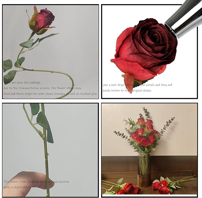 Artificial Roses 50 Pcs - Lifelike Single Stem Fake Roses with Natural Petal Texture,Fade-Resistant Silk Flowers for Wedding Decor,Home Vase Arrangements,Party Centerpieces(50, Red)