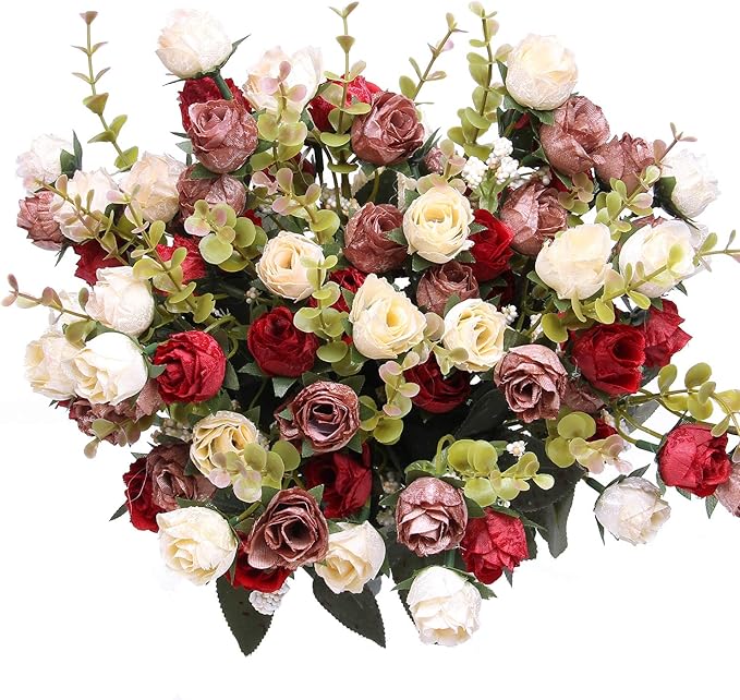 Flojery 21 Heads Silk Rose Bouquet Artificial Flowers Mini Rose for DIY Wedding Bouquets Centerpieces Bridal Shower Party Home Decorations,Pack of 4 （Red）