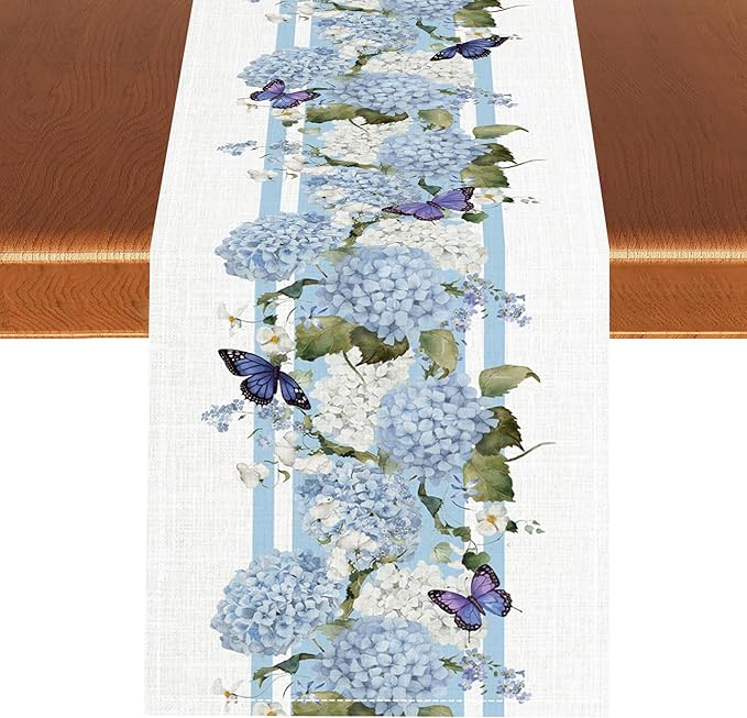 Blue Floral Table Runner, Spring Summer Watercolor Hydrangea Flower Butterfly Country Farmhouse Coffee Table Center Decor for Home Kitchen Dining Patio Holiday Party Table Decorations 13x108 inches