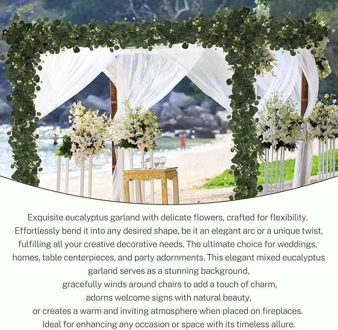 4Pcs Eucalyptus Garland, 6FT Green Flower Garland Decor, Artificial Faux Eucalyptus Leaves Greenery Vines for Table Runner Wedding Bedroom Mantle Centerpieces Backdrop Decorations