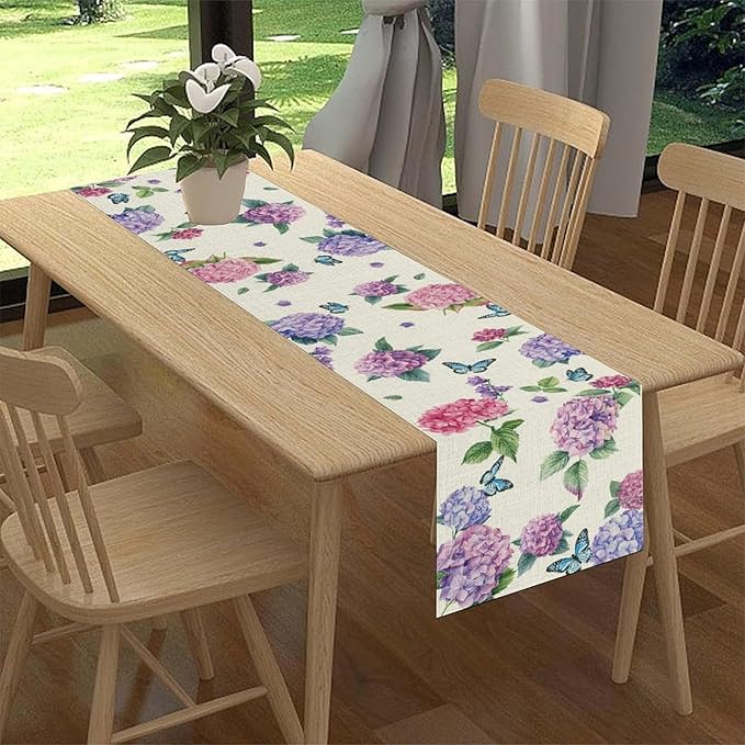 Hydrangea Table Runner, Spring Summer Watercolor Purple Floral Seasonal Country Farmhouse Coffee Table Center Decor for Home Kitchen Dining Patio Holiday Party Table Decorations 13x36 inches